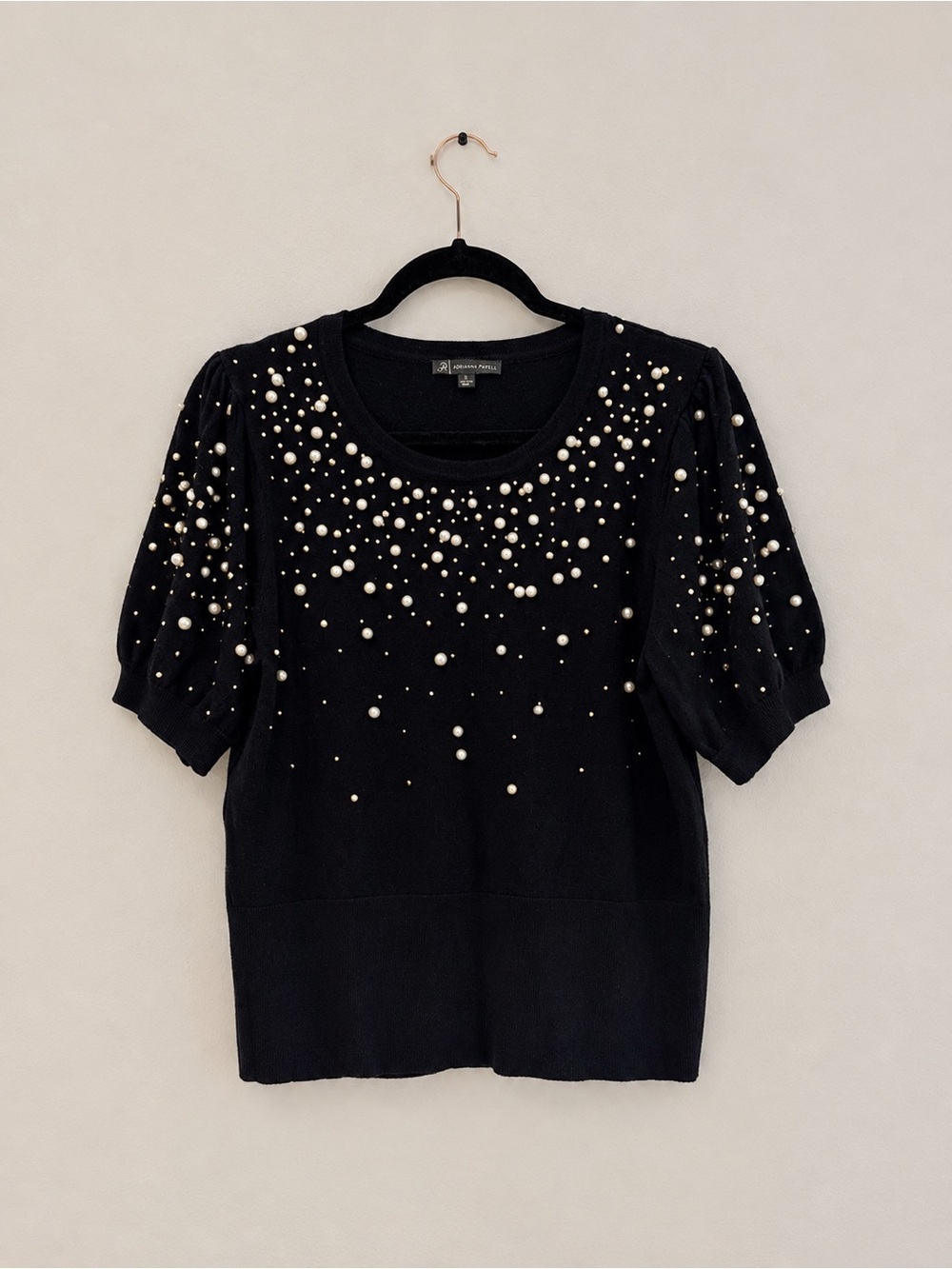 Adrianna Papell Black Pearl-Embellished Short Sleeve Sweater